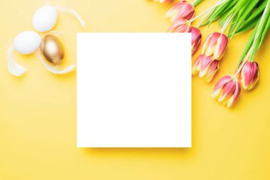 Paskalya lüksü. Bahar laleleriyle sepetin içinde altın, beyaz yumurta, Mutlu Paskalya dekorasyonunda pastel sarısı arka planda tüyler. Düz yatış, üst görünüm