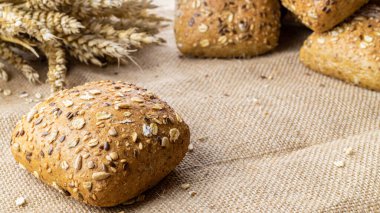 Çavdar ekmeği izole. Kabuklu somun ve ekmek kırıntılarıyla fırın. Buğday tohumu kulaklı bir somun taze ekmek ya da doğal pamuk arka planında çivili bitki. Biyolojik malzemeler, tohumlarla sağlıklı.