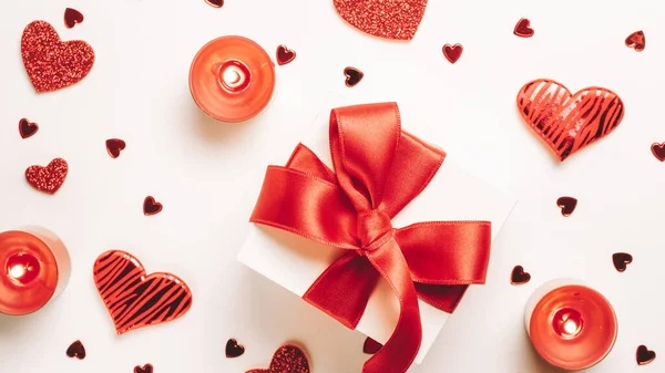 Saint Valentin Coeur Amour Rouge Boîte Cadeau Romantique Bougie Sur — Photo