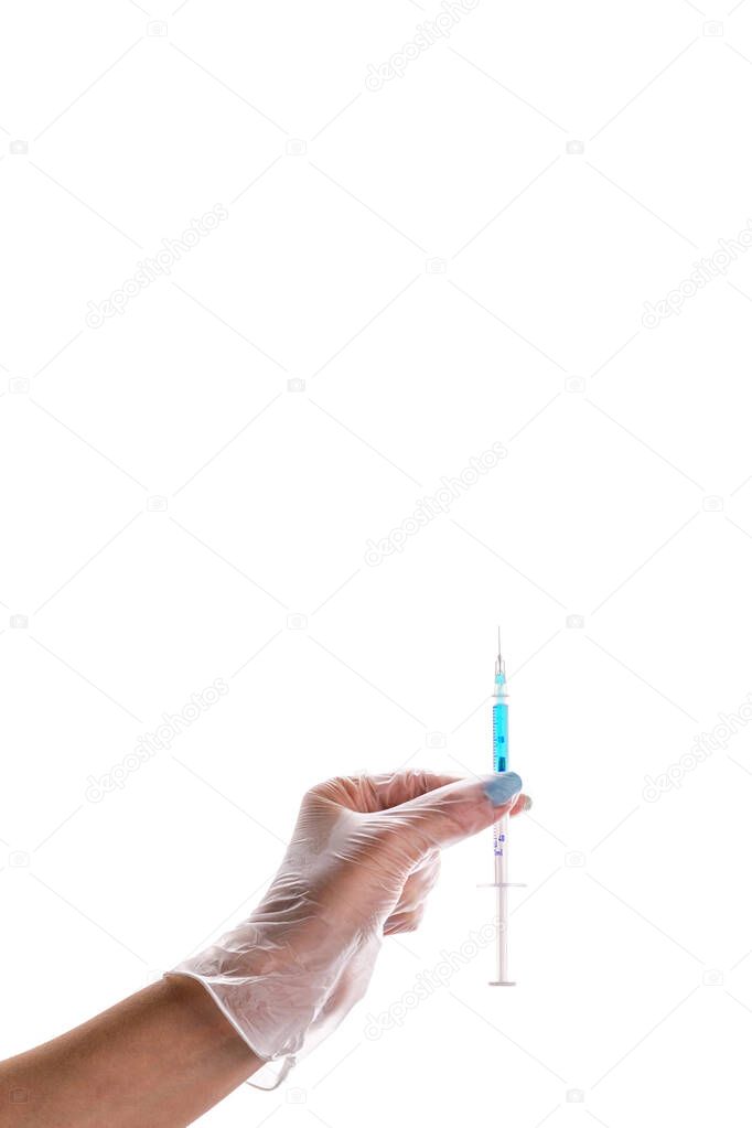 Vaccine development. Doctor hand in medical glove hold syringe with needle for protection flu virus and coronavirus. Covid vaccine isolated on white. Health care in hospital