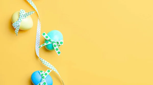 Easter Banner Colourful Egg Tape Ribbon Pastel Yellow Background Happy — Stock Photo, Image