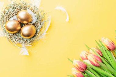 Paskalya yumurtası. Mutlu Paskalya süslemeleri: sepetteki altın yumurtalar bahar laleleri, pastel sarısı arka planda beyaz tüyler. Geleneksel güneş ışığı dekorasyonu. Üst görünüm