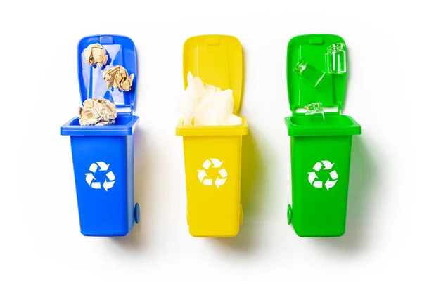 Basura Plástico Papelera Amarilla Verde Azul Para Reciclar Plástico Papel — Foto de Stock