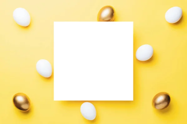 Easter Eggs Isolated Golden White Colour Egg Pastel Yellow Background — Stock Photo, Image