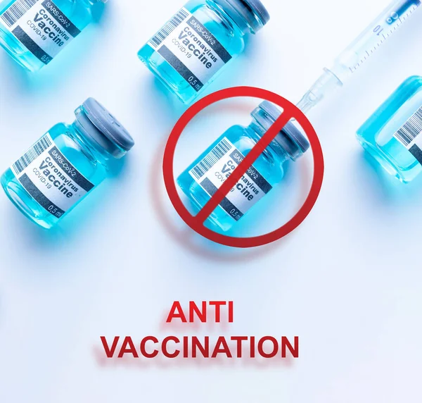 No vaccination. Anti Covid vaccine isolated on white. Red forbidden sign with Medical syringe, needle for protection flu virus and coronavirus. Concept stop fight against virus covid-19