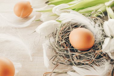 Paskalya sembolü. Bahar laleleri ile sepetin içinde doğal renginde yumurtalar, Mutlu Paskalya süslemelerinde ahşap masa zemininde beyaz tüyler. Tebrikler Paskalya Tasarımı