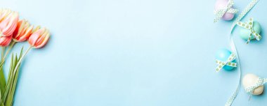 Bahar laleli altın Paskalya yumurtaları, Mutlu Paskalya dekorasyonunda pastel mavi arka planda beyaz tüyler. Bahar tatili afişi