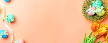 Paskalya tavşanı. Bant kurdeleli renkli yumurta, bahar laleleri, Mutlu Paskalya dekorasyonunda pastel pembe arka planda tüyler. Üst görünümde geleneksel pankart