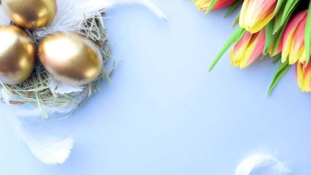Eikleur Happy Easter Decoratie Gouden Kleur Eieren Mand Met Lente — Stockvideo