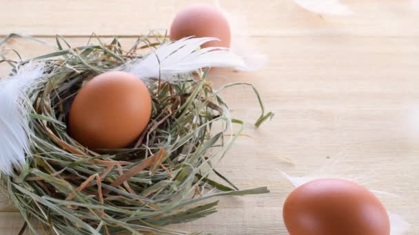 彩蛋在篮子里 有春天的郁金香 白色的羽毛在木制桌子的背景上 在复活节快乐的装饰 Foil Minimalist Egg Design Modern Design — 图库视频影像