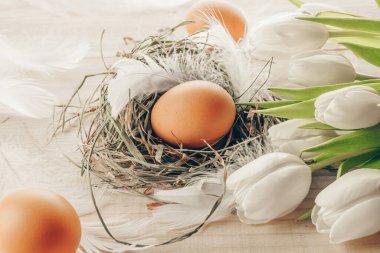Bahar laleli Paskalya yumurtası sepette, tahta masa arkasındaki beyaz tüyler Mutlu Paskalya süslemesinde. Şenlikli dekorasyon