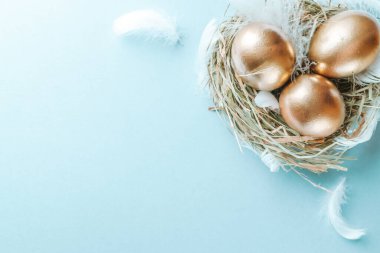 Mutlu Paskalya süslemelerinde pastel mavi arka planda beyaz tüylü altın Paskalya yumurtası sepeti. Bahar tatili üst görünüm kavramı