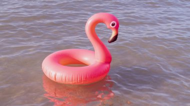 Merhaba yaz. Mavi okyanus suyunda pembe şişirilebilir flamingo. Deniz yazı plajı arka planı için. Moda yaz konsepti