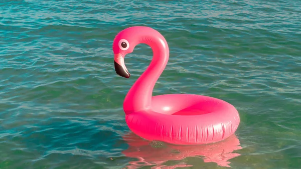 Yaz konsepti geçmişi. Mavi okyanus suyunda pembe şişirilebilir flamingo. Deniz yazı plajı arka planı için. Havuz havuzu partisi