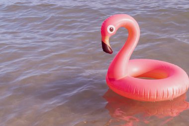 Tropikal arka plan. Mavi okyanus suyunda pembe şişirilebilir flamingo. Deniz yazı plajı arka planı için. Asgari yaz konsepti