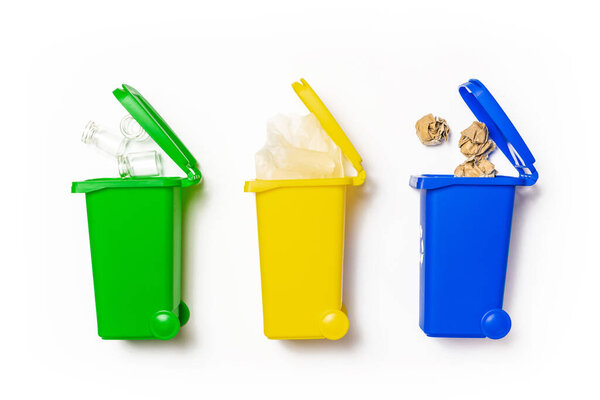 Trash recycle. Bin container for disposal garbage waste and save environment. Yellow, green, blue dustbin for recycle plastic, paper and glass can trash isolated on white background
