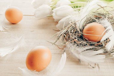 Paskalya yumurtası. Mutlu Paskalya süslemeleri: sepetteki doğal renkli yumurtalar, bahar laleleri, ahşap masa arkasında beyaz tüyler. Geleneksel güneş ışığı dekorasyonu