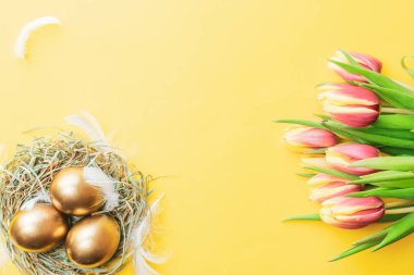 Bahar laleli Paskalya yumurtası sepette, pastel sarısı arka planda beyaz tüyler Mutlu Paskalya süslemesinde. Düzlükte şenlikli dekorasyon