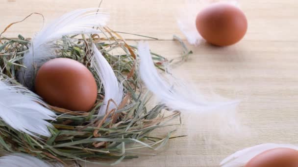 Ostersymbol Eier Naturfarbenem Korb Mit Frühlingstulpen Weiße Federn Auf Hölzernem — Stockvideo