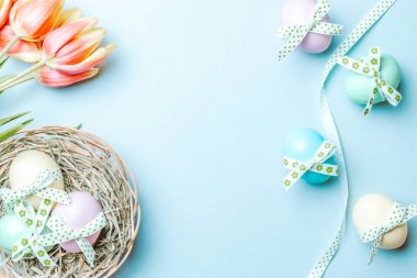 Paskalya yumurtaları. Şerit kurdeleli renkli yumurta, bahar laleleri, Mutlu Paskalya dekorasyonunda pastel mavisi arka planda tüyler. Folyo minimalist yumurta tasarımı, modern üst görünüm şablonu