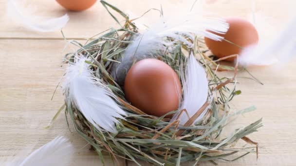 Ostersymbol Eier Naturfarbenem Korb Mit Frühlingstulpen Weiße Federn Auf Hölzernem — Stockvideo