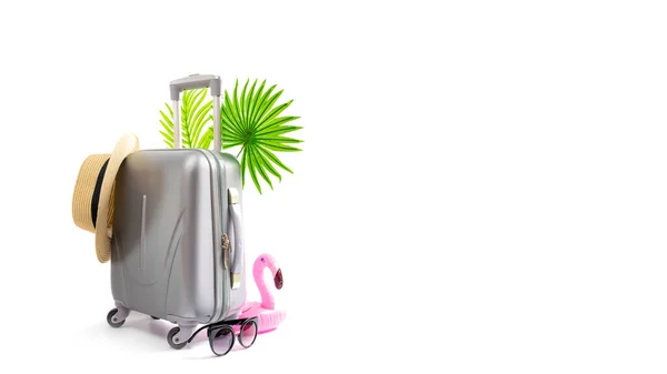 Sommer Muster Hintergrund Koffer Sonnenbrille Mit Palmblättern Rosa Flamingo Und — Stockfoto