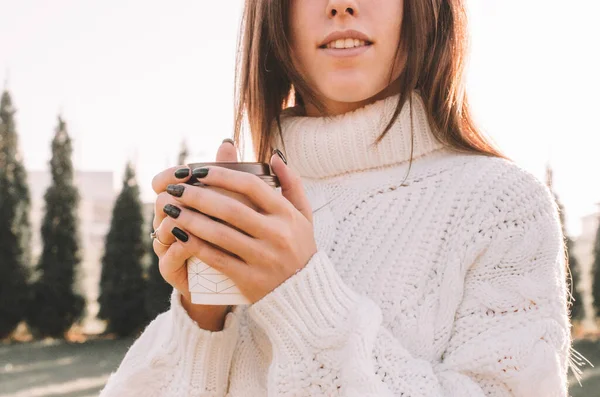 Cheerful Drinking Coffee Happy Young Girl Cup Tea Sunshine Light — Stock Photo, Image