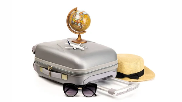 Γεια Σου Καλοκαίρι Γυναικεία Αξεσουάρ Ταξιδιώτη Βαλίτσα Ψάθινο Καπέλο Γυαλιά — Φωτογραφία Αρχείου
