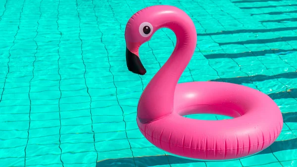 Sommarlovsaffisch Rosa Uppblåsbar Flamingo Poolvatten För Sommar Strand Bakgrund Rolig — Stockfoto