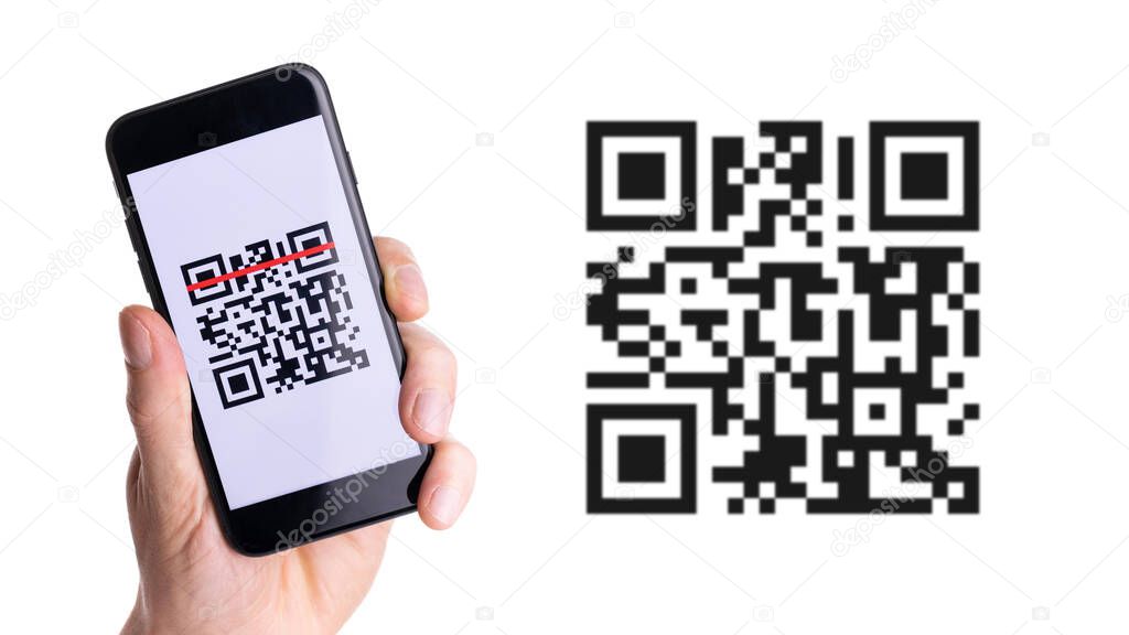 Qr code payment. Hand holding digital mobile smart phone with qr code scanner on smartphone screen for payment pay, scan barcode technology. Online shopping, cashless society technology concept