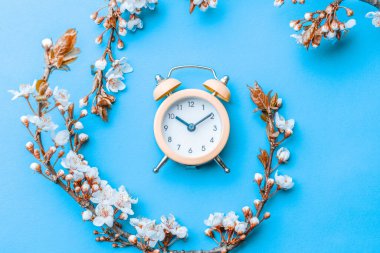 Bahar çiçekleri. Nisan çiçekleri ve bahar çiçekleri yumuşak mavi arka planda çalar saat çiçekleri. 8 Mart bayrağı, mesaj için yeri olan mutlu Paskalyalar. İlkbahar konsepti