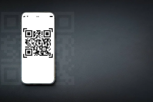 Qr code payment. Digital mobile smart phone with qr code scanner on smartphone screen for payment pay, scan barcode technology on dark background. Online shopping, cashless society concept