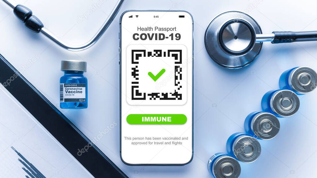 Covid passport. Coronavirus vaccination certificate of immunity passport on smartphone screen with doctor stethoscope, healthcare charts, syringe and medical equipment on hospital white background