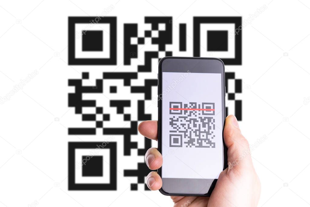 Qr code payment. Hand holding digital mobile smart phone with qr code scanner on smartphone screen for payment pay, scan barcode technology. Online shopping, cashless society technology concept