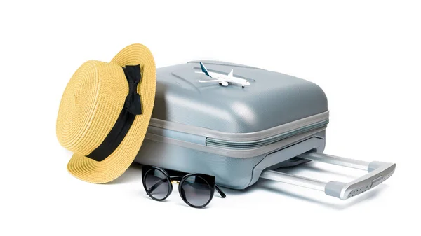 Bonjour Été Femme Accessoires Voyageur Valise Chapeau Paille Lunettes Soleil — Photo