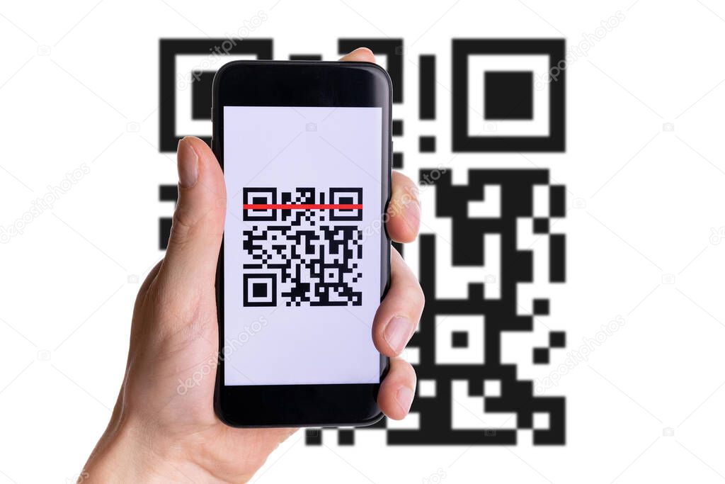 Id qr. Hand holding mobile smartphone screen for online pay, scan barcode technology with qr code scanner on digital smart phone. Qrcode payment, online shopping, cashless technology concept