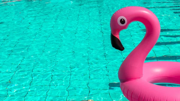 Nyári Ünnepi Poszter Rózsaszín Felfújható Flamingó Medencében Víz Nyári Strand — Stock Fotó