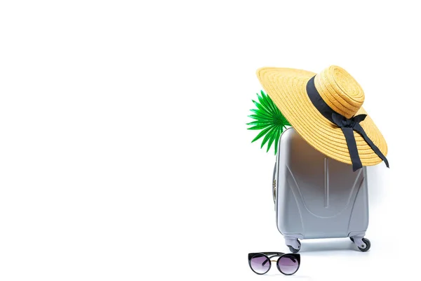 Afiche Vacaciones Accesorios Mujer Viajero Maleta Sombrero Paja Gafas Sol — Foto de Stock