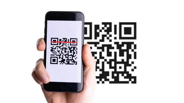 Digitalização Paga Mão Segurando Tela Smartphone Móvel Para Pagamento Digitalize — Fotografia de Stock