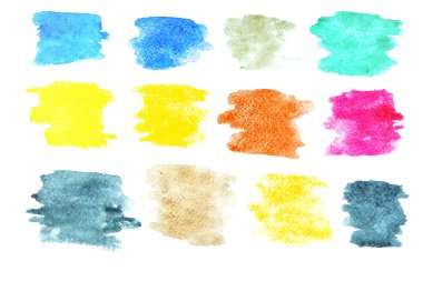 Suluboya arka plan. Soyut suluboya desenleri su rengi kağıt dokusunda izole edilmiş. Fırça tasarımı için mürekkep lekesi. Renkli, renkli duvar kağıdı grunge efekti