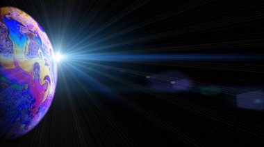 Sabun köpüğü. Evrende Dünya gezegeninin olduğu soyut galaksi arka planı. Karanlık arka planda güneş ışığı var. Kıyametin, kıyametin, kıyametin konsepti