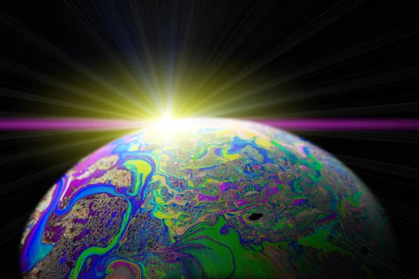 Renkli Kabarcıklar Evrende Dünya Gezegeninin Olduğu Soyut Galaksi Arka Planı — Stok fotoğraf