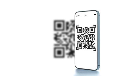 QR kodu ödemesi. Ödeme için akıllı telefon ekranında QR kod tarayıcısı olan dijital cep telefonu, barkod teknolojisi taraması. Çevrimiçi alışveriş, nakitsiz toplum teknolojisi konsepti