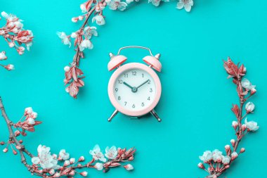 Mayıs çiçekleri. Bahar çiçekleri ve çiçekli Nisan çiçekleri mavi arka planda çalar saat. Çiçek açan ağaçla güzel bir sahne. Paskalya güneşli bir gün. Meyve bahçesi arkaplanı bulanık. İlkbahar