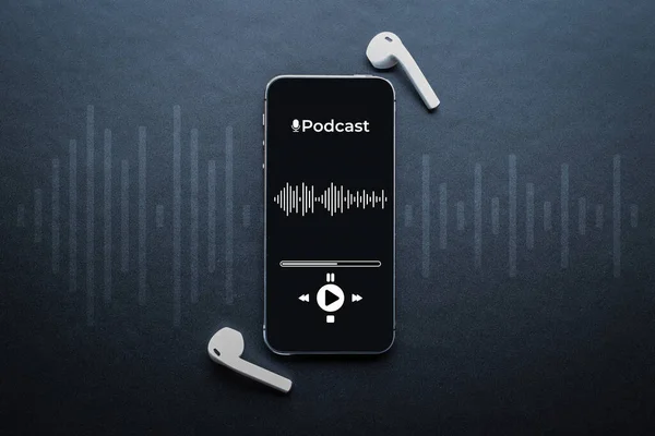 Música Podcast Tela Smartphone Móvel Com Aplicativo Podcast Fones Ouvido — Fotografia de Stock