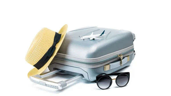 Tropical Background Suitcase Sunglasses Toy Plane Straw Hat Travel Composition — Stock Photo, Image