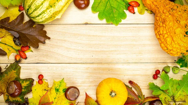 Thanksgiving diner. Herfst oogst met sinaasappelpompoen, gedroogde bladeren, rode bessen en eikels, kastanjes op houten ondergrond in de vorm frame. Sjabloon vallen halloween verjaardag uitnodiging kaarten. — Stockfoto