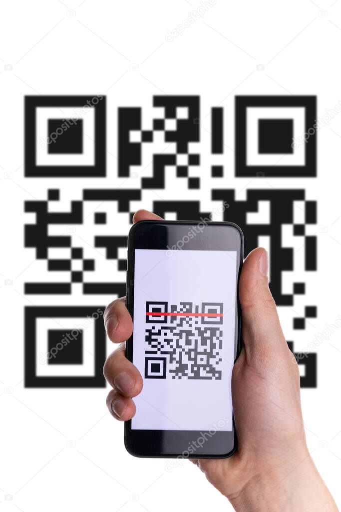 Id qr. Hand holding mobile smartphone screen for online pay, scan barcode technology with qr code scanner on digital smart phone. Qrcode payment, online shopping, cashless technology concept.