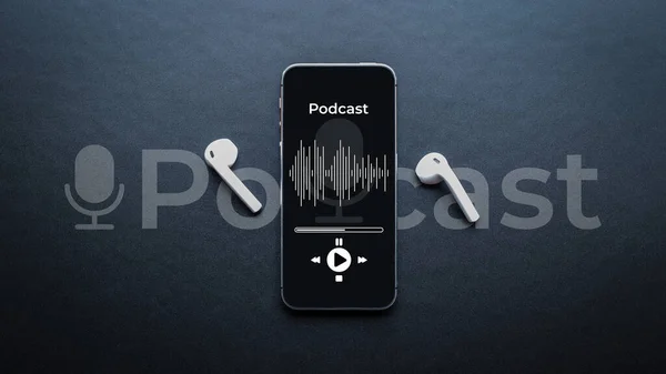 Música Podcast Pantalla Móvil Para Smartphone Con Aplicación Podcast Auriculares —  Fotos de Stock