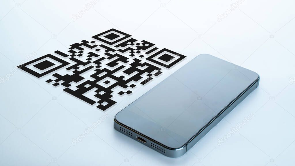Qr code payment. Digital mobile smart phone with qr code scanner on smartphone screen for payment pay, scan barcode technology. Online shopping, cashless society technology concept